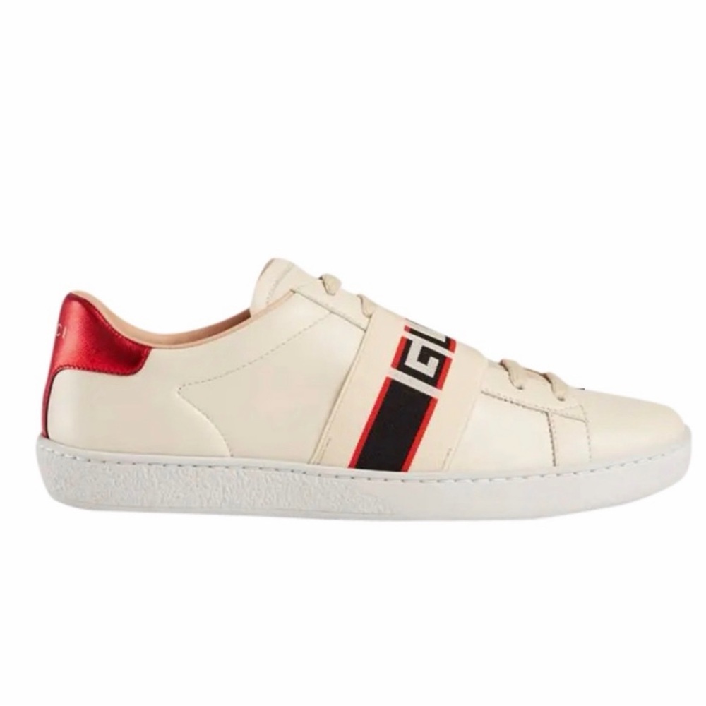 Gucci Women’s ACE White Leather Low-Top Sneaker with Red Trim 37